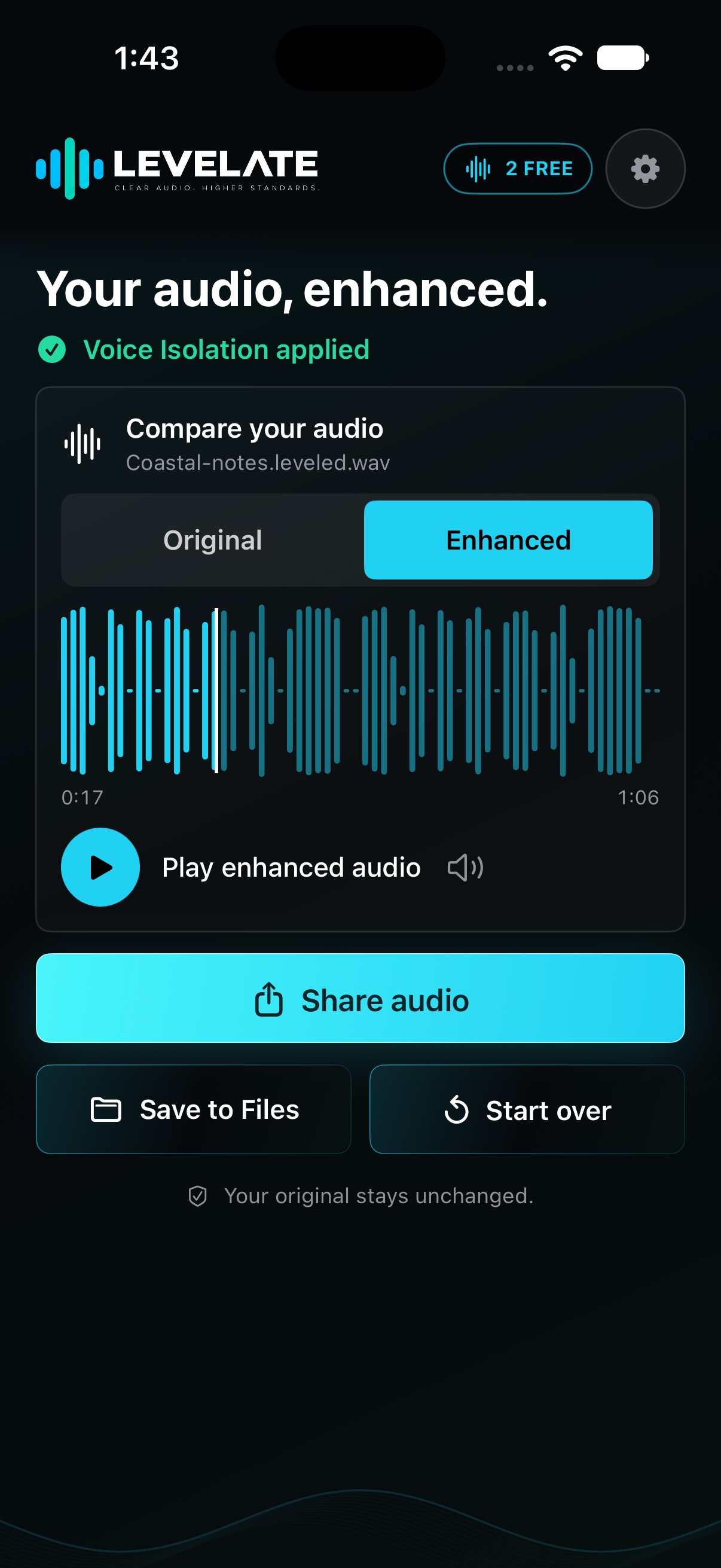 LEVELATE completed audio with Original and Enhanced comparison