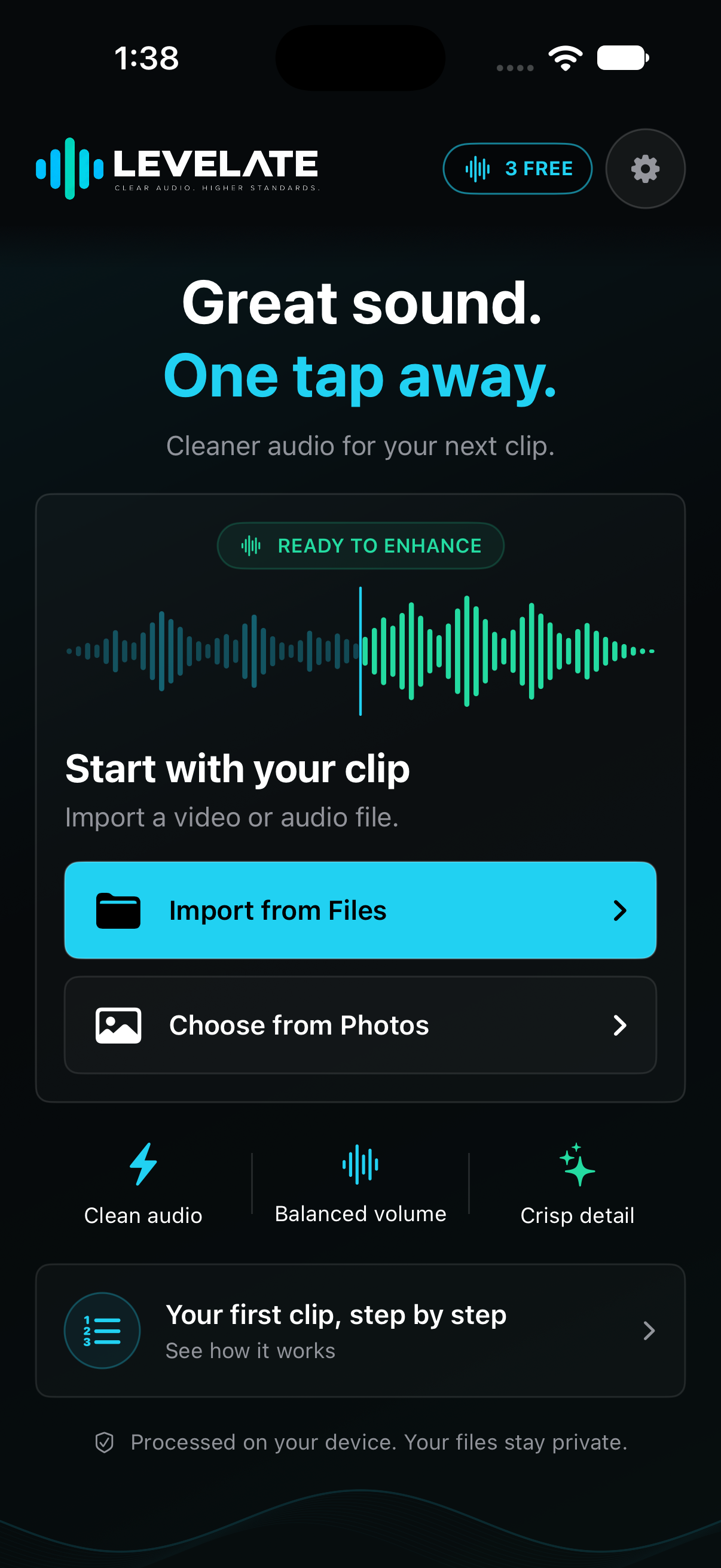LEVELATE import screen with Files and Photos options