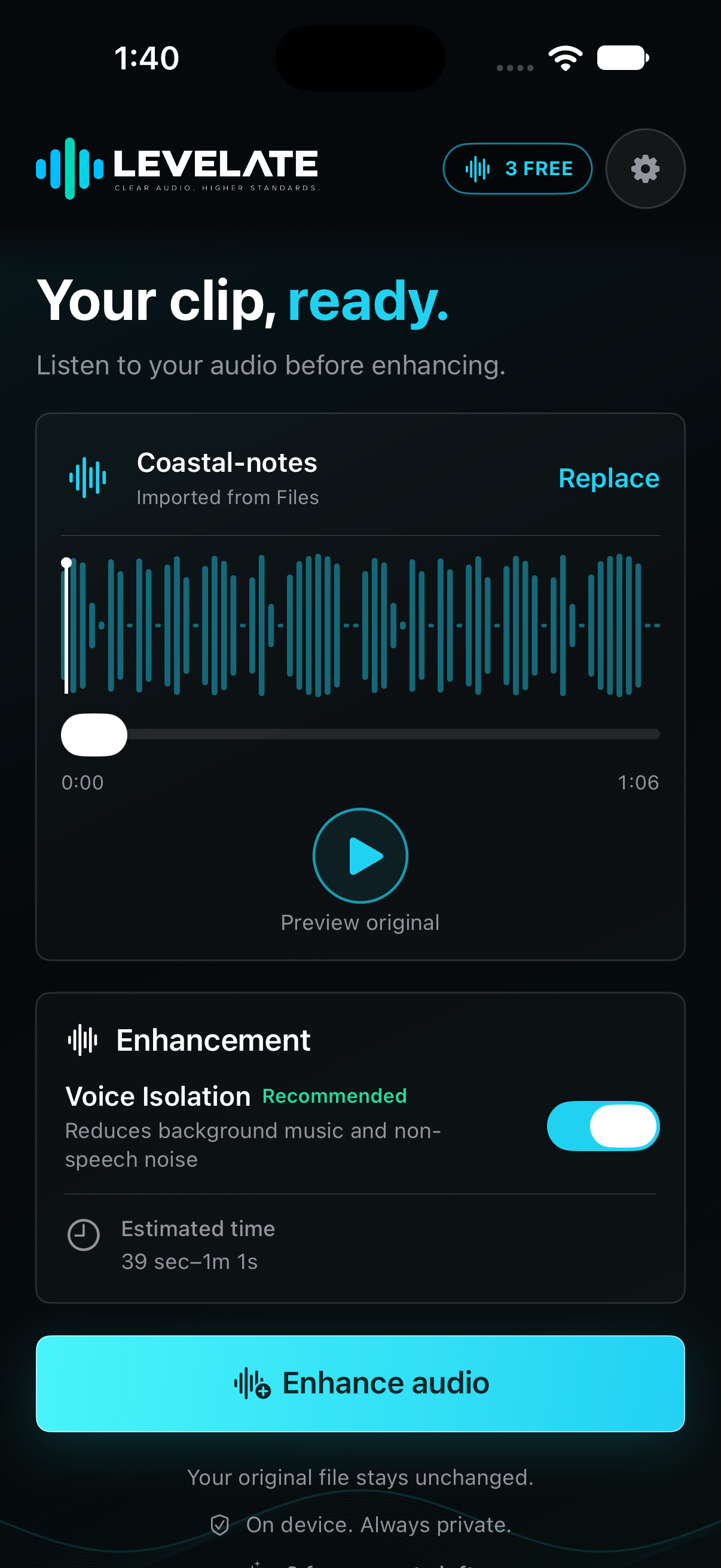 LEVELATE audio review screen with waveform and Voice Isolation
